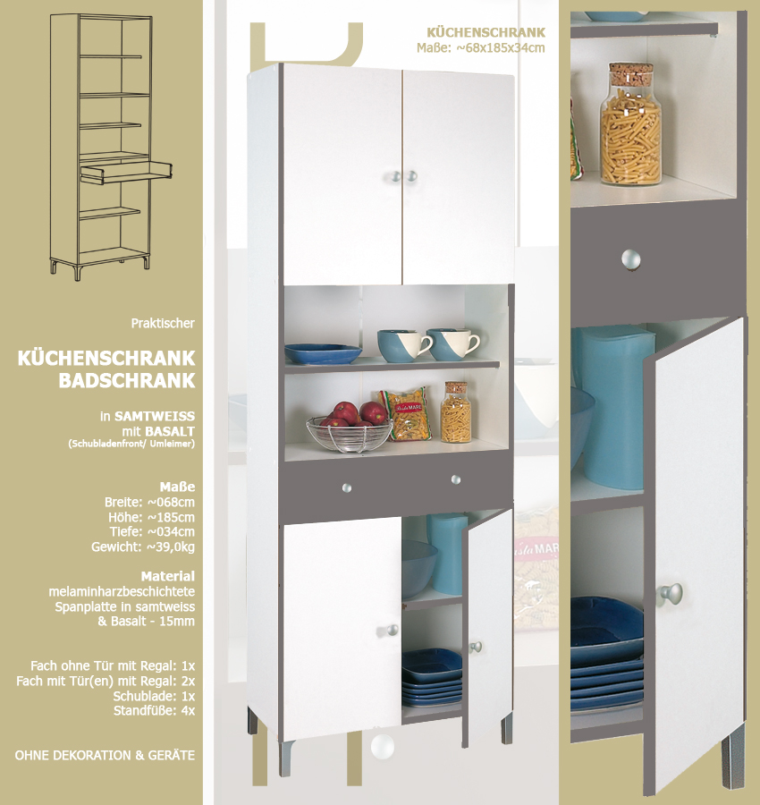 Hochschrank 540 weiß basalt Küchenschrank Buffetschrank Schrank Küche